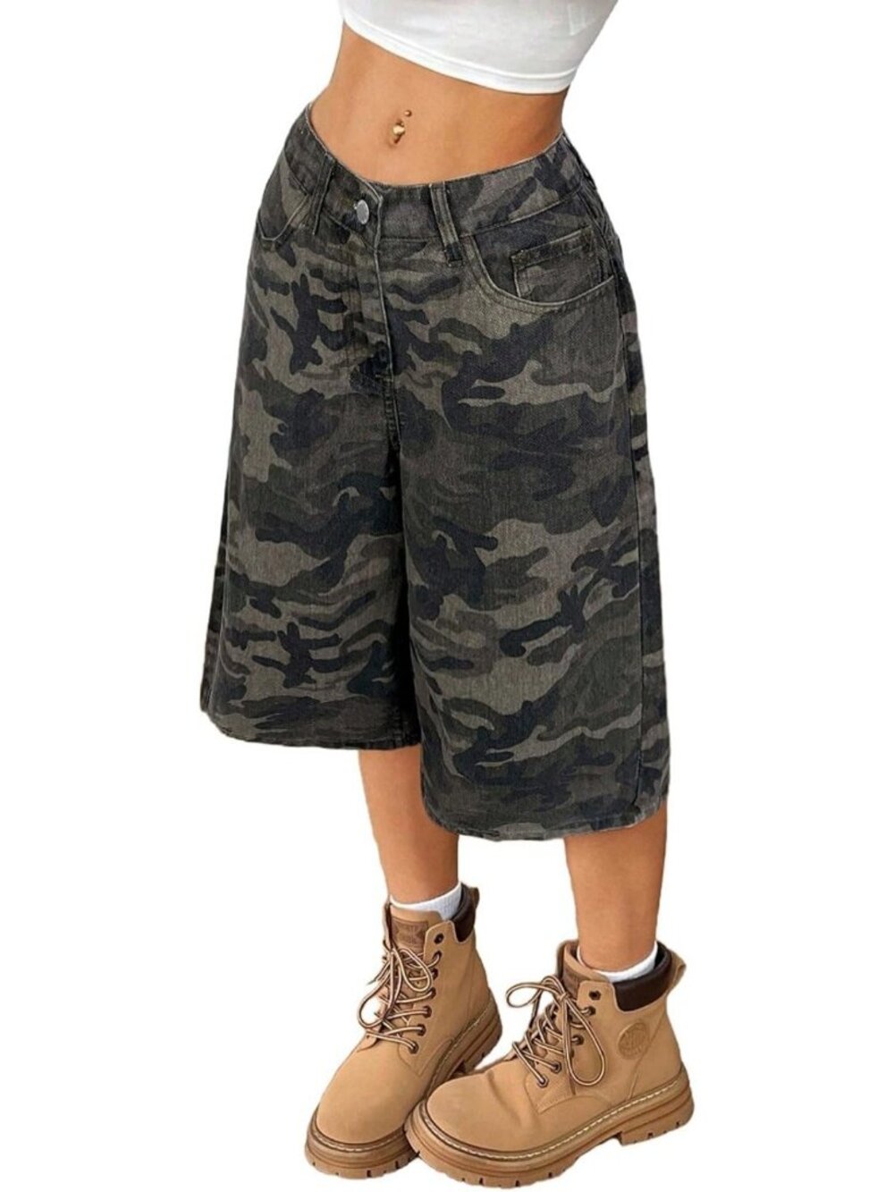 Camo Cargo Shorts for Women | Low Rise Baggy Denim Bermuda Style | Summer